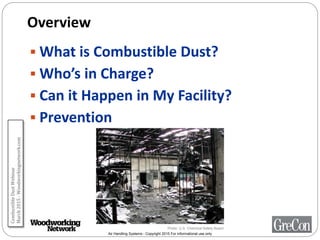 Air Handling Systems - Copyright 2015 For informational use only
Overview
 What is Combustible Dust?
 Who’s in Charge?
 Can it Happen in My Facility?
 Prevention
Photo: U.S. Chemical Safety Board
CombustibleDustWebinar
March2015-Woodworkingnetwork.com
 
