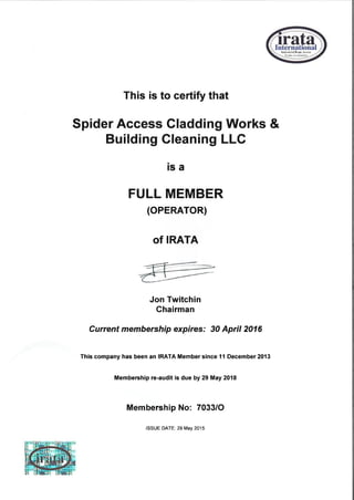 Spider Access IRATA Certificate