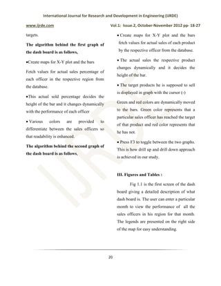 International Journal for Research and Development in Engineering (IJRDE)
www.ijrde.com Vol.1: Issue.2, October-November 2012 pp- 18-27
20
targets.
The algorithm behind the first graph of
the dash board is as follows,
•Create maps for X-Y plot and the bars
Fetch values for actual sales percentage of
each officer in the respective region from
the database.
•This actual sold percentage decides the
height of the bar and it changes dynamically
with the performance of each officer
• Various colors are provided to
differentiate between the sales officers so
that readability is enhanced.
The algorithm behind the second graph of
the dash board is as follows,
• Create maps for X-Y plot and the bars
fetch values for actual sales of each product
by the respective officer from the database.
• The actual sales the respective product
changes dynamically and it decides the
height of the bar.
• The target products he is supposed to sell
is displayed in graph with the cursor (-)
Green and red colors are dynamically moved
to the bars. Green color represents that a
particular sales officer has reached the target
of that product and red color represents that
he has not.
• Press F3 to toggle between the two graphs.
This is how drill up and drill down approach
is achieved in our study.
III. Figures and Tables :
Fig 1.1 is the first screen of the dash
board giving a detailed description of what
dash board is. The user can enter a particular
month to view the performance of all the
sales officers in his region for that month.
The legends are presented on the right side
of the map for easy understanding.
 