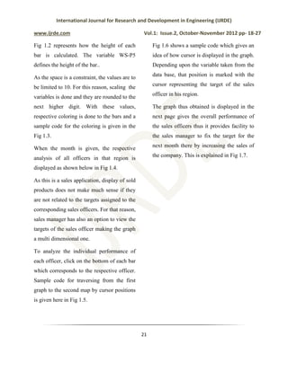 International Journal for Research and Development in Engineering (IJRDE)
www.ijrde.com Vol.1: Issue.2, October-November 2012 pp- 18-27
21
Fig 1.2 represents how the height of each
bar is calculated. The variable WS-P5
defines the height of the bar..
As the space is a constraint, the values are to
be limited to 10. For this reason, scaling the
variables is done and they are rounded to the
next higher digit. With these values,
respective coloring is done to the bars and a
sample code for the coloring is given in the
Fig 1.3.
When the month is given, the respective
analysis of all officers in that region is
displayed as shown below in Fig 1.4.
As this is a sales application, display of sold
products does not make much sense if they
are not related to the targets assigned to the
corresponding sales officers. For that reason,
sales manager has also an option to view the
targets of the sales officer making the graph
a multi dimensional one.
To analyze the individual performance of
each officer, click on the bottom of each bar
which corresponds to the respective officer.
Sample code for traversing from the first
graph to the second map by cursor positions
is given here in Fig 1.5.
Fig 1.6 shows a sample code which gives an
idea of how cursor is displayed in the graph.
Depending upon the variable taken from the
data base, that position is marked with the
cursor representing the target of the sales
officer in his region.
The graph thus obtained is displayed in the
next page gives the overall performance of
the sales officers thus it provides facility to
the sales manager to fix the target for the
next month there by increasing the sales of
the company. This is explained in Fig 1.7.
 