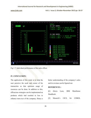 International Journal for Research and Development in Engineering (IJRDE)
www.ijrde.com Vol.1: Issue.2, October-November 2012 pp- 18-27
26
Fig 1.7: Individual performance of the sales officer
IV. CONCLUSION:
The application of this study is to help the
user perceive the nook and corner of his
transaction so that optimum usage of
resources can be done. In addition to this,
efficacious strategies can be implemented on
products which had resulted in loss to
enhance turn-over of the company. Hence a
better understanding of the company’s sales
and its revenue can be figured out.
REFERENCES :
[1] Alexis Leon, IBM Mainframe
Handbook.
[2] Murarch’s CICS for COBOL
 
