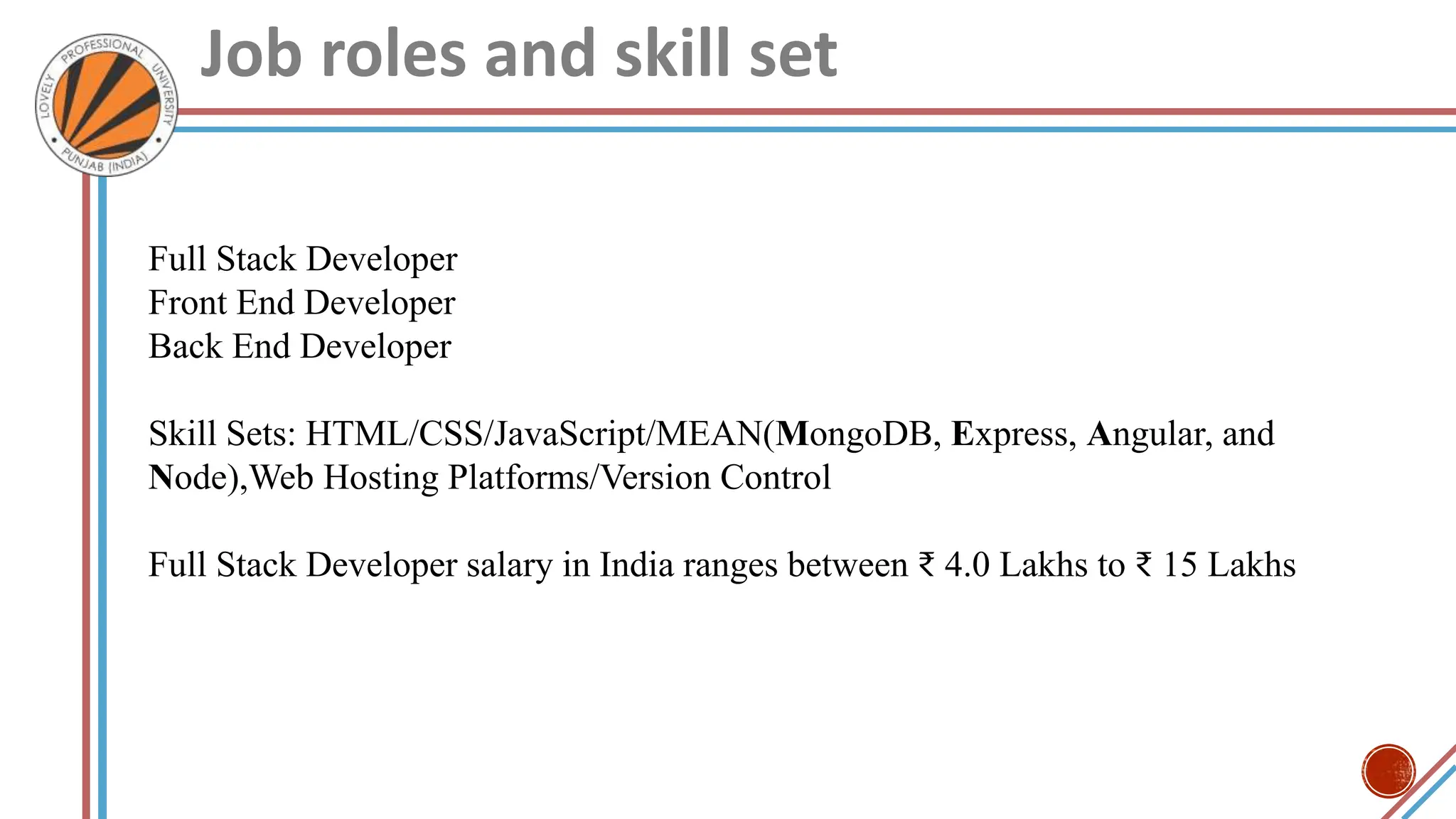 Job roles and skill set
Full Stack Developer
Front End Developer
Back End Developer
Skill Sets: HTML/CSS/JavaScript/MEAN(MongoDB, Express, Angular, and
Node),Web Hosting Platforms/Version Control
Full Stack Developer salary in India ranges between ₹ 4.0 Lakhs to ₹ 15 Lakhs
 