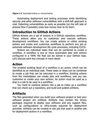 Figure 1-4 Automated testing vs. manual testing
Automating deployment and testing processes while identifying
security and other software vulnerabilities with a shift-left approach is
vital. Detecting vulnerabilities as early as possible (on the left side of
process flow if possible) costs less money than to fix them.
Introduction to GitHub Actions
GitHub Actions are a set of actions in a GitHub repository workflow.
These actions allow you to customize and execute software
development workflows. You can create actions or utilize existing
actions and create and customize workflows to perform any job or
automate software development life cycle processes, including CI/CD.
Actions are individual tasks that can be combined to create a
workflow. A workflow is one or more automated jobs with actions
configured in a YAML file that can be stored in your GitHub repo.
Let’s discuss each key concept in more detail.
Action
The smallest building block of a workflow is an action, which can be
identified as an individual task. These tasks or steps can be combined
to create a job that can be executed in a workflow. Existing actions
from the marketplace can create jobs and workflows, and you can
customize or create your own actions. An action must be used as a
step in a job to be used in a workflow.
You need to combine actions into a job to make up a workflow
that can check out a repository, and build and publish artifacts.
Artifacts
The files generated when you build your software project or test your
software project are artifacts. Artifacts may contain the binary
packages required to deploy your software and any support files,
such as configurations or infra-scripts required for deployment
activities. Artifacts can be created in one job and used in another job
for deployment actions in a workflow.
 