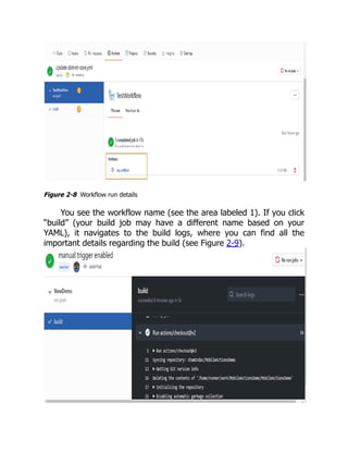 Figure 2-8 Workflow run details
You see the workflow name (see the area labeled 1). If you click
“build” (your build job may have a different name based on your
YAML), it navigates to the build logs, where you can find all the
important details regarding the build (see Figure 2-9).
 