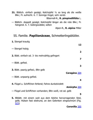 21. Blättch. einfach gesägt; Kelchzipfel ½ so lang als die weiße
Blkr.; Fr. aufrecht. 6. 7. Sonnige Hügel, sehr zerstr.
Bibernell-R., R. pimpinellifólia L.
— Blättch. doppelt gesägt; Kelchzipfel länger als die rote Blkr.; Fr.
hängend. 6. 7. Gebirgswälder, selten
Alpen-R., R. alpína Miller
55. Familie. Papilionáceae, Schmetterlingsblütler.
1. Stengel krautig
12
— Stengel holzig
2
2. Blätt. einfach od. 3- bis mehrzählig gefingert
7
— Blätt. gefied.
3
3. Blätt. paarig gefied.; Bltn gelb
Caragána 204
— Blätt. unpaarig gefied.
4
4. Flügel u. Schiffchen fehlend; Fahne dunkelviolett
Amórpha 204
— Flügel und Schiffchen vorhanden; Bltn weiß, rot od. gelb
5
5. Blblätt. mit einem weit aus dem Kelche hervorragenden Stiel,
gelb; Hülsen fast stielrund, an den Gelenken eingeschnürt (Fig.
523)
Coronílla 205
 