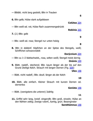 — Blblätt. nicht lang gestielt; Bltn in Trauben
6
6. Bltn gelb; Hülse stark aufgeblasen
Colútea 204
— Bltn weiß od. rot; Hülse flach zusammengedrückt
Robínia 205
7. (2.) Blkr. gelb
9
— Blkr. weiß od. rosa; Stengel nur unten holzig
8
8. Bltn in doldenf. Köpfchen an der Spitze des Stengels, weiß;
Schiffchen schwarzviolett
Dorýcnium 204
— Bltn zu 1–2 blattachselst., rosa, selten weiß; Stengel meist dornig
Onónis 199
9. Blätt. nadelf., stechend; Blkr. kaum länger als der bis auf den
Grund 2teilige Kelch. Strauch mit langen Dornen (Fig. 509)
Ulex 198
— Blätt. nicht nadelf.; Blkr. deutl. länger als der Kelch
10
10. Blätt. alle einfach. Kleiner Strauch mit kurzen Dornen od.
dornenlos
Genísta 198
— Blätt. (wenigstens die unteren) 3zählig
11
11. Griffel sehr lang, kreisf. eingerollt; Bltn groß, einzeln; Hülse an
den Nähten zottig; Zweige rutenf., kantig, grün. Besenginster
Sarothámnus 198
 
