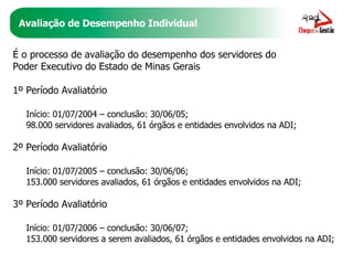 Avaliação de Desempenho Individual É o processo de avaliação do desempenho dos servidores do Poder Executivo do Estado de Minas Gerais 1º Período Avaliatório  Início: 01/07/2004 – conclusão: 30/06/05; 98.000 servidores avaliados, 61 órgãos e entidades envolvidos na ADI; 2º Período Avaliatório  Início: 01/07/2005 – conclusão: 30/06/06; 153.000 servidores avaliados, 61 órgãos e entidades envolvidos na ADI; 3º Período Avaliatório  Início: 01/07/2006 – conclusão: 30/06/07; 153.000 servidores a serem avaliados, 61 órgãos e entidades envolvidos na ADI; 