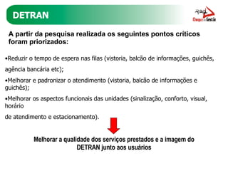 Reduzir o tempo de espera nas filas (vistoria, balcão de informações, guichês,  agência bancária etc); Melhorar e padronizar o atendimento (vistoria, balcão de informações e guichês); Melhorar os aspectos funcionais das unidades (sinalização, conforto, visual, horário  de atendimento e estacionamento). Melhorar a qualidade dos serviços prestados e a imagem do DETRAN junto aos usuários A partir da pesquisa realizada os seguintes pontos críticos foram priorizados: DETRAN 