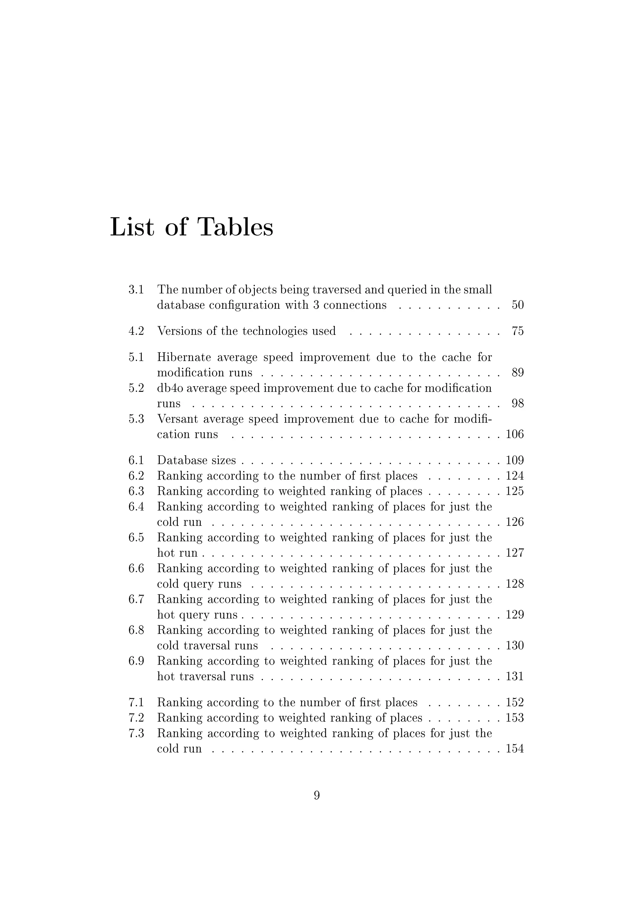 List of Tables
3.1 The number of objects being traversed and queried in the small
database conguration with 3 connections . . . . . . . . . . . 50
4.2 Versions of the technologies used . . . . . . . . . . . . . . . . 75
5.1 Hibernate average speed improvement due to the cache for
modication runs . . . . . . . . . . . . . . . . . . . . . . . . . 89
5.2 db4o average speed improvement due to cache for modication
runs . . . . . . . . . . . . . . . . . . . . . . . . . . . . . . . . 98
5.3 Versant average speed improvement due to cache for modi-
cation runs . . . . . . . . . . . . . . . . . . . . . . . . . . . . 106
6.1 Database sizes . . . . . . . . . . . . . . . . . . . . . . . . . . . 109
6.2 Ranking according to the number of rst places . . . . . . . . 124
6.3 Ranking according to weighted ranking of places . . . . . . . . 125
6.4 Ranking according to weighted ranking of places for just the
cold run . . . . . . . . . . . . . . . . . . . . . . . . . . . . . . 126
6.5 Ranking according to weighted ranking of places for just the
hot run . . . . . . . . . . . . . . . . . . . . . . . . . . . . . . . 127
6.6 Ranking according to weighted ranking of places for just the
cold query runs . . . . . . . . . . . . . . . . . . . . . . . . . . 128
6.7 Ranking according to weighted ranking of places for just the
hot query runs . . . . . . . . . . . . . . . . . . . . . . . . . . . 129
6.8 Ranking according to weighted ranking of places for just the
cold traversal runs . . . . . . . . . . . . . . . . . . . . . . . . 130
6.9 Ranking according to weighted ranking of places for just the
hot traversal runs . . . . . . . . . . . . . . . . . . . . . . . . . 131
7.1 Ranking according to the number of rst places . . . . . . . . 152
7.2 Ranking according to weighted ranking of places . . . . . . . . 153
7.3 Ranking according to weighted ranking of places for just the
cold run . . . . . . . . . . . . . . . . . . . . . . . . . . . . . . 154
9
 