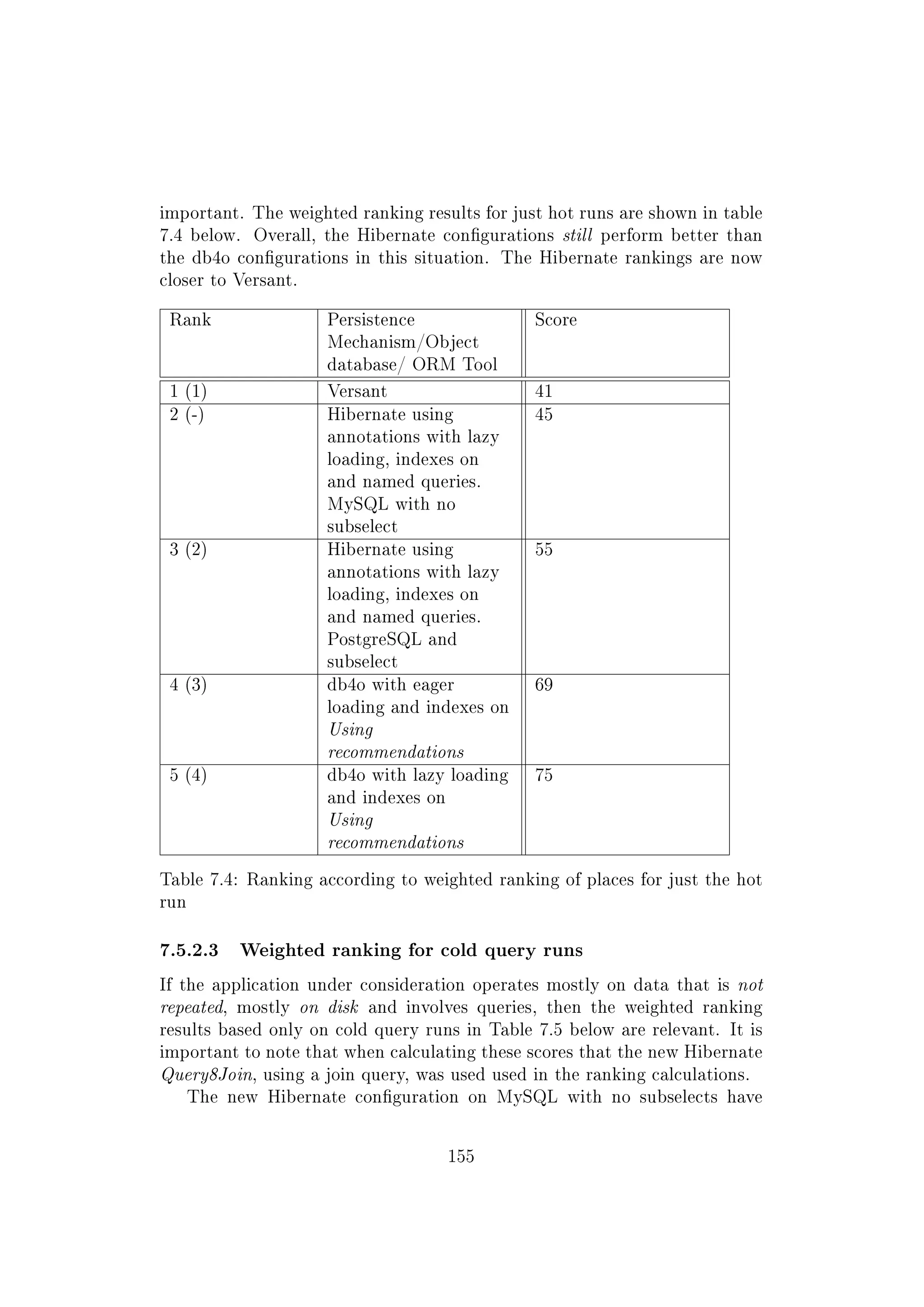 important. The weighted ranking results for just hot runs are shown in table
7.4 below. Overall, the Hibernate congurations still perform better than
the db4o congurations in this situation. The Hibernate rankings are now
closer to Versant.
Rank Persistence
Mechanism/Object
database/ ORM Tool
Score
1 (1) Versant 41
2 (-) Hibernate using
annotations with lazy
loading, indexes on
and named queries.
MySQL with no
subselect
45
3 (2) Hibernate using
annotations with lazy
loading, indexes on
and named queries.
PostgreSQL and
subselect
55
4 (3) db4o with eager
loading and indexes on
Using
recommendations
69
5 (4) db4o with lazy loading
and indexes on
Using
recommendations
75
Table 7.4: Ranking according to weighted ranking of places for just the hot
run
7.5.2.3 Weighted ranking for cold query runs
If the application under consideration operates mostly on data that is not
repeated, mostly on disk and involves queries, then the weighted ranking
results based only on cold query runs in Table 7.5 below are relevant. It is
important to note that when calculating these scores that the new Hibernate
Query8Join, using a join query, was used used in the ranking calculations.
The new Hibernate conguration on MySQL with no subselects have
155
 