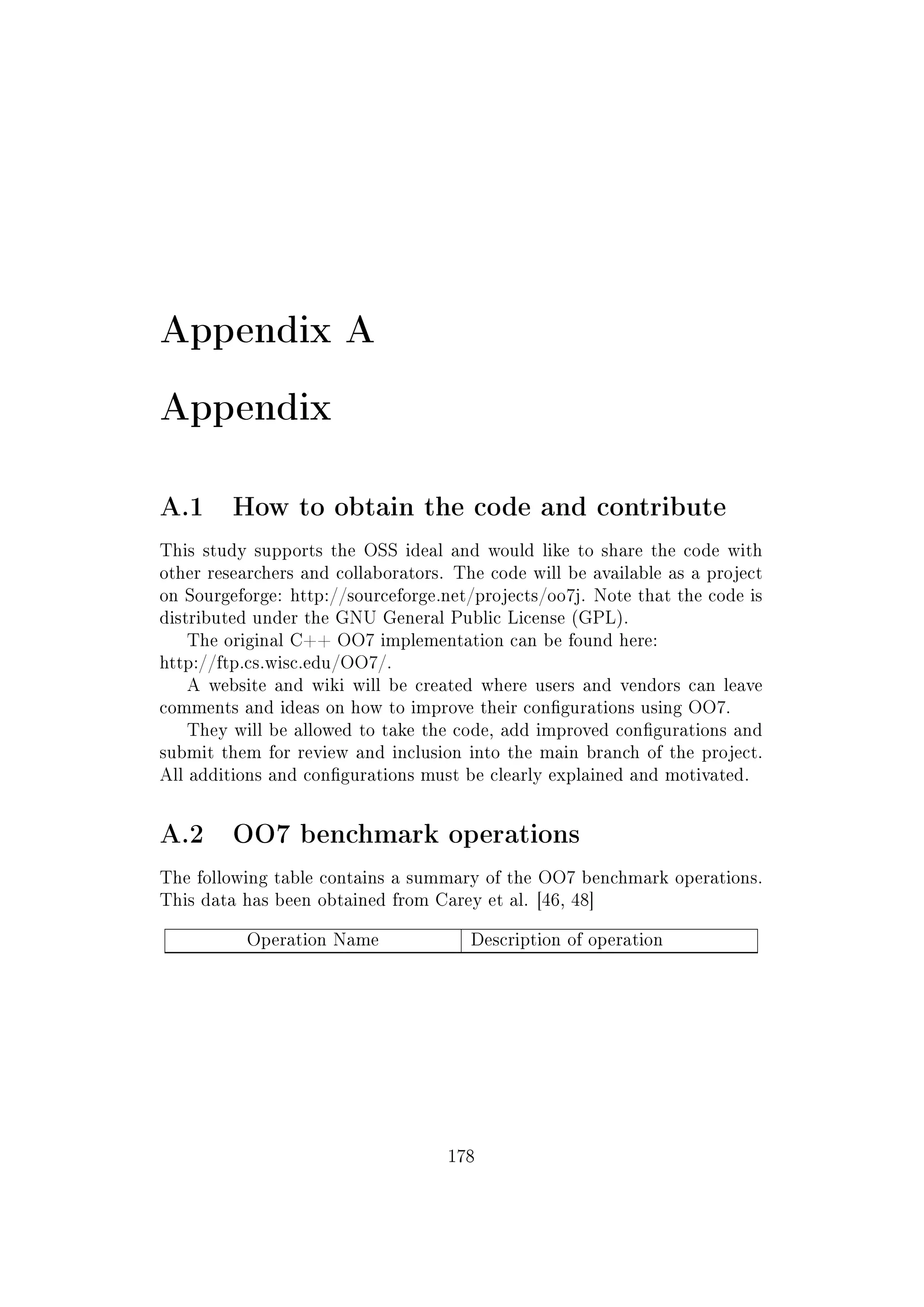 Appendix A
Appendix
A.1 How to obtain the code and contribute
This study supports the OSS ideal and would like to share the code with
other researchers and collaborators. The code will be available as a project
on Sourgeforge: http://sourceforge.net/projects/oo7j. Note that the code is
distributed under the GNU General Public License (GPL).
The original C++ OO7 implementation can be found here:
http://ftp.cs.wisc.edu/OO7/.
A website and wiki will be created where users and vendors can leave
comments and ideas on how to improve their congurations using OO7.
They will be allowed to take the code, add improved congurations and
submit them for review and inclusion into the main branch of the project.
All additions and congurations must be clearly explained and motivated.
A.2 OO7 benchmark operations
The following table contains a summary of the OO7 benchmark operations.
This data has been obtained from Carey et al. [46, 48]
Operation Name Description of operation
178
 