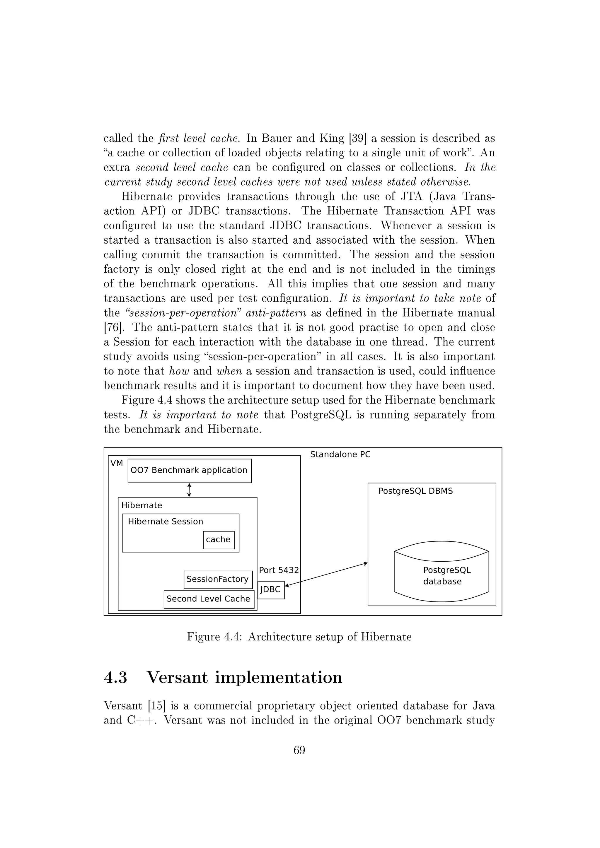 called the rst level cache. In Bauer and King [39] a session is described as
a cache or collection of loaded objects relating to a single unit of work. An
extra second level cache can be congured on classes or collections. In the
current study second level caches were not used unless stated otherwise.
Hibernate provides transactions through the use of JTA (Java Trans-
action API) or JDBC transactions. The Hibernate Transaction API was
congured to use the standard JDBC transactions. Whenever a session is
started a transaction is also started and associated with the session. When
calling commit the transaction is committed. The session and the session
factory is only closed right at the end and is not included in the timings
of the benchmark operations. All this implies that one session and many
transactions are used per test conguration. It is important to take note of
the session-per-operation anti-pattern as dened in the Hibernate manual
[76]. The anti-pattern states that it is not good practise to open and close
a Session for each interaction with the database in one thread. The current
study avoids using session-per-operation in all cases. It is also important
to note that how and when a session and transaction is used, could inuence
benchmark results and it is important to document how they have been used.
Figure 4.4 shows the architecture setup used for the Hibernate benchmark
tests. It is important to note that PostgreSQL is running separately from
the benchmark and Hibernate.
Figure 4.4: Architecture setup of Hibernate
4.3 Versant implementation
Versant [15] is a commercial proprietary object oriented database for Java
and C++. Versant was not included in the original OO7 benchmark study
69
 