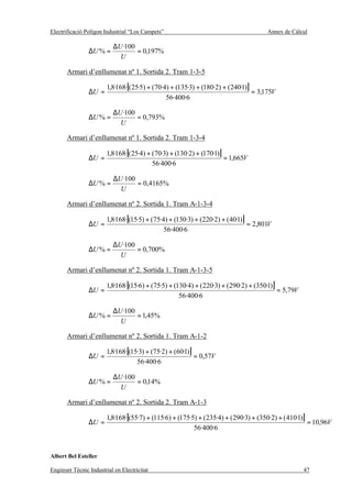 Electrificació Polígon Industrial “Los Campets”                                      Annex de Càlcul

                           ∆U ·100
                ∆U % =             = 0,197%
                             U

       Armari d’enllumenat nº 1. Sortida 2. Tram 1-3-5

                        1,8·168·[(25·5) + (70·4) + (135·3) + (180·2) + (240·1)]
                ∆U =                                                            = 3,175V
                                               56·400·6

                           ∆U ·100
                ∆U % =             = 0,793%
                             U

       Armari d’enllumenat nº 1. Sortida 2. Tram 1-3-4

                        1,8·168·[(25·4) + (70·3) + (130·2) + (170·1)]
                ∆U =                                                  = 1,665V
                                          56·400·6

                           ∆U ·100
                ∆U % =             = 0, 4165%
                             U

       Armari d’enllumenat nº 2. Sortida 1. Tram A-1-3-4

                        1,8·168·[(15·5) + (75·4) + (130·3) + (220·2) + (40·1)]
                ∆U =                                                           = 2,801V
                                               56·400·6

                           ∆U ·100
                ∆U % =             = 0,700%
                             U

       Armari d’enllumenat nº 2. Sortida 1. Tram A-1-3-5

                        1,8·168·[(15·6) + (75·5) + (130·4) + (220·3) + (290·2) + (350·1)]
                ∆U =                                                                      = 5,79V
                                                     56·400·6

                           ∆U ·100
                ∆U % =             = 1,45%
                             U

       Armari d’enllumenat nº 2. Sortida 1. Tram A-1-2

                        1,8·168·[(15·3) + (75·2) + (60·1)]
                ∆U =                                       = 0,57V
                                    56·400·6

                           ∆U ·100
                ∆U % =             = 0,14%
                             U

       Armari d’enllumenat nº 2. Sortida 2. Tram A-1-3

                        1,8·168·[(55·7) + (115·6) + (175·5) + (235·4) + (290·3) + (350·2) + (410·1)]
                ∆U =                                                                                 = 10,96V
                                                          56·400·6


Albert Bel Esteller

Enginyer Tècnic Industrial en Electricitat                                                          47
 
