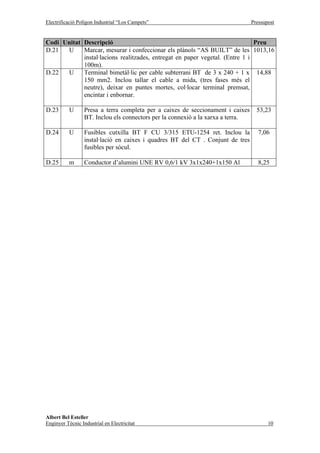 Electrificació Polígon Industrial “Los Campets”                                   Pressupost


Codi Unitat Descripció                                                        Preu
D.21  U     Marcar, mesurar i confeccionar els plànols “AS BUILT” de les 1013,16
            instal·lacions realitzades, entregat en paper vegetal. (Entre 1 i
            100m).
D.22  U     Terminal bimetàl·lic per cable subterrani BT de 3 x 240 + 1 x 14,88
            150 mm2. Inclou tallar el cable a mida, (tres fases més el
            neutre), deixar en puntes mortes, col·locar terminal premsat,
            encintar i enbornar.

D.23       U      Presa a terra completa per a caixes de seccionament i caixes      53,23
                  BT. Inclou els connectors per la connexió a la xarxa a terra.

D.24       U      Fusibles cutxilla BT F CU 3/315 ETU-1254 ret. Inclou la            7,06
                  instal·lació en caixes i quadres BT del CT . Conjunt de tres
                  fusibles per sòcul.

D.25       m      Conductor d’alumini UNE RV 0,6/1 kV 3x1x240+1x150 Al               8,25




Albert Bel Esteller
Enginyer Tècnic Industrial en Electricitat                                               10
 