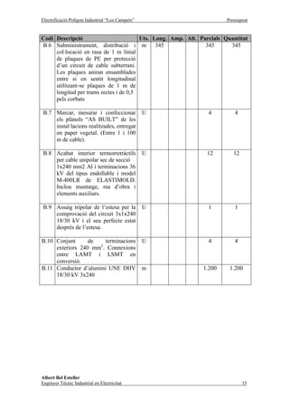 Electrificació Polígon Industrial “Los Campets”                       Pressupost


Codi Descripció                         Uts. Long. Amp. Alt. Parcials Quantitat
B.6 Subministrament, distribució i m          345              345      345
     col·locació en rasa de 1 m linial
     de plaques de PE per protecció
     d’un circuit de cable subterrani.
     Les plaques aniran ensamblades
     entre si en sentit longitudinal
     utilitzant-se plaques de 1 m de
     longitud per trams rectes i de 0,5
     pels corbats

B.7 Marcar, mesurar i confeccionar                U             4         4
    els plànols “AS BUILT” de les
    instal·lacions realitzades, entregat
    en paper vegetal. (Entre 1 i 100
    m de cable).

B.8 Acabat interior termorretràctils              U            12        12
    per cable unipolar sec de secció
    1x240 mm2 Al i terminacions 36
    kV del tipus endollable i model
    M-400LR de ELASTIMOLD.
    Inclou muntatge, ma d’obra i
    elements auxiliars.

B.9 Assaig tripolar de l’estesa per la            U             1         1
    comprovació del circuit 3x1x240
    18/30 kV i el seu perfecte estat
    després de l’estesa.

B.10 Conjunt      de    terminacions              U             4         4
                      2
     exteriors 240 mm . Connexions
     entre LAMT i LSMT en
     conversió.
B.11 Conductor d’alumini UNE DHV                  m           1.200     1.200
     18/30 kV 3x240




Albert Bel Esteller
Enginyer Tècnic Industrial en Electricitat                                    15
 