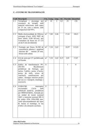 Electrificació Polígon Industrial “Los Campets”                                  Pressupost


C.- CENTRE DE TRANSFORMACIÓ


Codi Descripció                      Uts. Long. Amp. Alt. Parcials Quantitat
C.1 Terraplanat i piconatge per m3         10    5   0,5    25       150
     coronació de terraplè amb
     material seleccionat, amb capes
     de 25 cm, com a màxim, amb
     compactació del 95%.

C.2     Malla electrosoldada de filferros m2          7,08   2,46        17,41    104,5
        corrugats d’acer AEH 500T de
        límit elàstic 5100 kP/cm2, per
        l’armadura de lloses de 15 x15
        cm de 6 mm de diàmetre

C.3      Formigó, per lloses, H-200 de m2             7,24   2,62        18,97   113,81
         consistència plàstica i amplitud
         máxima del      ranurat 20 mm,
         bolcat amb cubeta

C.4     Llit de sorra per CT prefabricada m3          7,24   2,62 0,15   2,85     17,07
        col·locada

C.5     Edifici de transformació PF-              U                       1         6
        203/303.              Recobriment
        prefabricat de formigó, que
        inclou l’edifici, portes d’accés,
        portes de trafo, reixes de
        ventilació, canalitzacions per
        cables , ferratges interiors propis
        del seu us i transport, muntatge i
        accessoris

C.6     CGM-CML                interruptor        U                       2        12
        seccionador.      Cel·la      amb
        embolcall metàl·lic, prefabricat
        per ORMAZABAL, formada per
        un mòdul de tensió nominal
        36kV e intensitat nominal 400 A
        de mides 420x 850x1800 mm.
        Amb telecomandament del tipus
        B. Inclou el muntatge, la ma
        d’obra i els elements auxiliars.




Albert Bel Esteller
Enginyer Tècnic Industrial en Electricitat                                              16
 