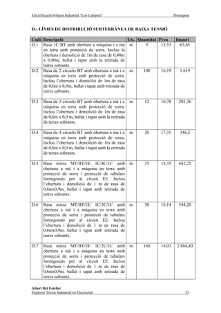 Electrificació Polígon Industrial “Los Campets”                             Pressupost


D.- LÍNIES DE DISTRIBUCIÓ SUBTERRÀNEA DE BAIXA TENSIÓ

Codi Descripció                                     Uts. Quantitat Preu      Import
D.1 Rasa 1C BT amb obertura a màquina i a mà m              5       13,53      67,65
     en terra amb protecció de sorra. Inclou la
     obertura i demolició de 1m de rasa de 0,40m
     x 0,80m, ballat i tapar amb la retirada de
     terres sobrants
D.2 Rasa de 2 circuits BT amb obertura a mà i a m          100      16,19       1.619
     màquina en terra amb protecció de sorra.
     Inclou l’obertura i domicilio de 1m de rasa
     de 0,6m x 0,9m, ballat i tapat amb retirada de
     terres sobrants.

D.3     Rasa de 3 circuits BT amb obertura a mà i a       m   12    16,78      201,36
        màquina en terra amb protecció de sorra.
        Inclou l’obertura i demolició de 1m de rasa
        de 0,6m x 0,9 m, ballat i tapat amb la retirada
        de terres sobrants.

D.4     Rasa de 4 circuits BT amb obertura a ma i a       m   20    17,31       346,2
        màquina en terra amb protecció de sorra.
        Inclou l’obertura i demolició de 1m de rasa
        de 0,6m x 0,9 m, ballat i tapat amb la retirada
        de terres sobrants.

D.5     Rasa mixta MT/BT/EE 1C/4C/1C amb                  m   35    18,35      642,25
        obertura a mà i a màquina en terra amb
        protecció de sorra i protecció de tubulars
        formigonats per al circuit EE. Inclou
        l’obertura i demolició de 1 m de rasa de
        0,6mx0,9m, ballat i tapat amb retirada de
        terres sobrants.

D.6     Rasa mixta MT/BT/EE 1C/3C/1C amb                  m   30    18,14      544,20
        obertura a mà i a màquina en terra amb
        protecció de sorra i protecció de tubulars
        formigonats per al circuit EE. Inclou
        l’obertura i demolició de 1 m de rasa de
        0,6mx0,9m, ballat i tapat amb retirada de
        terres sobrants.

D.7     Rasa mixta MT/BT/EE 1C/2C/1C amb                  m   160   18,03     2.884,80
        obertura a mà i a màquina en terra amb
        protecció de sorra i protecció de tubulars
        formigonats per al circuit EE. Inclou
        l’obertura i demolició de 1 m de rasa de
        0,6mx0,9m, ballat i tapat amb retirada de
        terres sobrants.

Albert Bel Esteller
Enginyer Tècnic Industrial en Electricitat                                         33
 