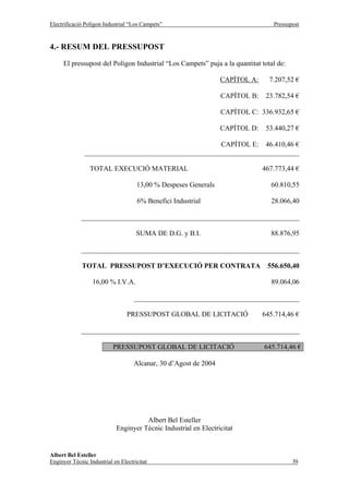 Electrificació Polígon Industrial “Los Campets”                                   Pressupost


4.- RESUM DEL PRESSUPOST
     El pressupost del Polígon Industrial “Los Campets” puja a la quantitat total de:

                                                                  CAPÍTOL A:     7.207,52 €

                                                                  CAPÍTOL B:    23.782,54 €

                                                                  CAPÍTOL C: 336.932,65 €

                                                                  CAPÍTOL D:    53.440,27 €

                                                      CAPÍTOL E: 46.410,46 €
               _____________________________________________________________

                 TOTAL EXECUCIÓ MATERIAL                                       467.773,44 €

                                     13,00 % Despeses Generals                   60.810,55

                                     6% Benefici Industrial                      28.066,40

             ______________________________________________________________

                                     SUMA DE D.G. y B.I.                         88.876,95

             ______________________________________________________________

             TOTAL PRESSUPOST D’EXECUCIÓ PER CONTRATA                           556.650,40

                  16,00 % I.V.A.                                                 89.064,06

                                    _______________________________________________

                                 PRESSUPOST GLOBAL DE LICITACIÓ                645.714,46 €

             ______________________________________________________________

                           PRESSUPOST GLOBAL DE LICITACIÓ                      645.714,46 €

                                    Alcanar, 30 d’Agost de 2004




                                      Albert Bel Esteller
                            Enginyer Tècnic Industrial en Electricitat


Albert Bel Esteller
Enginyer Tècnic Industrial en Electricitat                                               39
 