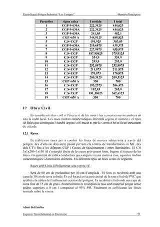 Electrificació Polígon Industrial “Los Campets”                            Memòria Descriptiva

               Parcel·les            tipus caixa     I sortida          I total
                   1                CGP-9-630A      222,3125           444,625
                   2                CGP-9-630A      222,3125           444,625
                   3                CGP-9-630A        241,05            482,1
                   4                CGP>630 A       344,9125           689,825
                   5                  C.S+CGP         191,925          383,85
                   6                CGP-9-630A      219,6875           439,375
                   7                CGP-9-630A      227,9875           455,975
                   8                  C.S+CGP       187,95625         375,9125
                   9                  C.S+CGP          334,9            334,9
                  10                  C.S+CGP          293,9            293,9
                  11                  C.S+CGP       252,8875          252,8875
                  12                  C.S+CGP         211,875          211,875
                  13                  C.S+CGP         170,875          170,875
                  14                  C.S+CGP       209,3125          209,3125
                  15                CGP>630 A           350               700
                  16                  C.S+CGP       193,2375           386,475
                  17                  C.S+CGP         102,95            205,9
                  18                  C.S+CGP       181,30625         362,6125
                  19                CGP>630 A           350               700


12 Obra Civil
       Es considerarà obra civil a l’execució de les rases i les cementacions necessàries en
tota la instal·lació. Les rases tindran característiques diferents segons el número i el tipus
de línies que continguin, i també segons si el traçat es per la vorera o bé es fa un creuament
de calçada.

12.1 Rases

       Es realitzaran rases per a conduir les línies de manera subterrània a través del
polígon, des d’allà on derivarem passat per tots els centres de transformació en MT, des
dels CT’s fins a les diferents CGP i Caixes de Seccionament i entre lluminàries.. El C.S
3x1x240+1x150 Al s’estendrà dintre de les rases prèviament fetes. Segons el trajecte de les
línies i la quantitat de cables conductors que estiguin en una mateixa rasa, aquestes tindran
característiques i dimensions diferents. Els diferents tipus de rases seran els següents:

       Rases amb Línia d’Enllumenat sota vorera 1C

      Serà de 60 cm de profunditat per 40 cm d’amplada . El fons es recobrirà amb una
capa de 10 cm de terra cribada. Es col·locarà en la part central de la rasa el tub de PVC que
acollirà els cables de l’enllumenat exterior del polígon. Es recobrirà el tub amb una capa de
sorra fina de 15 cm de gruix. Posteriorment es reomplirà la rasa amb material porgat sense
pedres superiors a 8 cm i compactat al 95% PM. Finalment es col·locaran les lloses
normals sobre la vorera.



Albert Bel Esteller

Enginyer TècnicIndustrial en Electricitat                                                  51
 