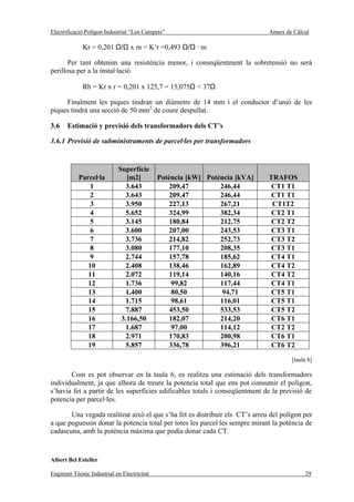 Electrificació Polígon Industrial “Los Campets”                              Annex de Càlcul

             Kr = 0,201 Ω/Ω x m < K’r =0,493 Ω/Ω · m

       Per tant obtenim una resistència menor, i conseqüentment la sobretensió no serà
perillosa per a la instal·lació

             Rb = Kr x r = 0,201 x 125,7 = 15,075Ω < 37Ω

     Finalment les piques tindran un diàmetre de 14 mm i el conductor d’unió de les
piques tindrà una secció de 50 mm2 de coure despullat.

3.6    Estimació y previsió dels transformadors dels CT’s

3.6.1 Previsió de subministraments de parcel·les per transformadors


                            Superfície
           Parcel·la           [m2]          Potència [kW] Potència [kVA]    TRAFOS
               1              3.643              209,47        246,44         CT1 T1
               2              3.643              209,47        246,44         CT1 T1
               3              3.950              227,13        267,21         CT1T2
               4              5.652              324,99        382,34         CT2 T1
               5              3.145              180,84        212,75         CT2 T2
               6              3.600              207,00        243,53         CT3 T1
               7              3.736              214,82        252,73         CT3 T2
               8              3.080              177,10        208,35         CT3 T1
               9              2.744              157,78        185,62         CT4 T1
              10              2.408              138,46        162,89         CT4 T2
              11              2.072              119,14        140,16         CT4 T2
              12              1.736               99,82        117,44         CT4 T1
              13              1.400               80,50         94,71         CT5 T1
              14              1.715               98,61        116,01         CT5 T1
              15              7.887              453,50        533,53         CT5 T2
              16             3.166,50            182,07        214,20         CT6 T1
              17              1.687               97,00        114,12         CT2 T2
              18              2.971              170,83        200,98         CT6 T1
              19              5.857              336,78        396,21         CT6 T2

                                                                                     [taula 6]

       Com es pot observar en la taula 6, es realitza una estimació dels transformadors
individualment, ja que alhora de treure la potencia total que ens pot consumir el polígon,
s’havia fet a partir de les superfícies edificables totals i conseqüentment de la previsió de
potencia per parcel·les.

       Una vegada realitzat això el que s’ha fet es distribuir els CT’s arreu del polígon per
a que poguessin donar la potencia total per totes les parcel·les sempre mirant la potència de
cadascuna, amb la potència màxima que podia donar cada CT.


Albert Bel Esteller

Enginyer Tècnic Industrial en Electricitat                                                29
 