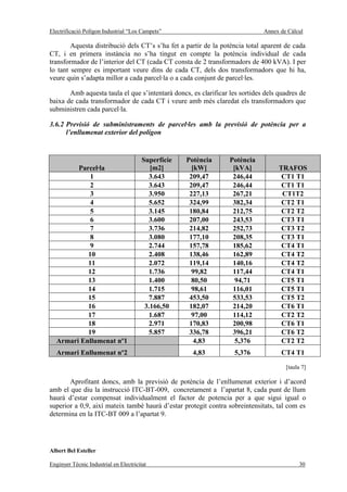 Electrificació Polígon Industrial “Los Campets”                              Annex de Càlcul

        Aquesta distribució dels CT’s s’ha fet a partir de la potència total aparent de cada
CT, i en primera instància no s’ha tingut en compte la potència individual de cada
transformador de l’interior del CT (cada CT consta de 2 transformadors de 400 kVA). I per
lo tant sempre es important veure dins de cada CT, dels dos transformadors que hi ha,
veure quin s’adapta millor a cada parcel·la o a cada conjunt de parcel·les.

       Amb aquesta taula el que s’intentarà doncs, es clarificar les sortides dels quadres de
baixa de cada transformador de cada CT i veure amb més claredat els transformadors que
subministren cada parcel·la.

3.6.2 Previsió de subministraments de parcel·les amb la previsió de potència per a
      l’enllumenat exterior del polígon


                                        Superfície   Potència    Potència
        Parcel·la                          [m2]        [kW]       [kVA]            TRAFOS
            1                             3.643       209,47      246,44            CT1 T1
            2                             3.643       209,47      246,44            CT1 T1
            3                             3.950       227,13      267,21            CT1T2
            4                             5.652       324,99      382,34            CT2 T1
            5                             3.145       180,84      212,75            CT2 T2
            6                             3.600       207,00      243,53            CT3 T1
            7                             3.736       214,82      252,73            CT3 T2
            8                             3.080       177,10      208,35            CT3 T1
            9                             2.744       157,78      185,62            CT4 T1
           10                             2.408       138,46      162,89            CT4 T2
           11                             2.072       119,14      140,16            CT4 T2
           12                             1.736        99,82      117,44            CT4 T1
           13                             1.400        80,50       94,71            CT5 T1
           14                             1.715        98,61      116,01            CT5 T1
           15                             7.887       453,50      533,53            CT5 T2
           16                            3.166,50     182,07      214,20            CT6 T1
           17                             1.687        97,00      114,12            CT2 T2
           18                             2.971       170,83      200,98            CT6 T1
           19                             5.857       336,78      396,21            CT6 T2
  Armari Enllumenat nº1                                 4,83       5,376            CT2 T2
  Armari Enllumenat nº2                                4,83        5,376            CT4 T1

                                                                                     [taula 7]

       Aprofitant doncs, amb la previsió de potència de l’enllumenat exterior i d’acord
amb el que diu la instrucció ITC-BT-009, concretament a l’apartat 8, cada punt de llum
haurà d’estar compensat individualment el factor de potencia per a que sigui igual o
superior a 0,9, així mateix també haurà d’estar protegit contra sobreintensitats, tal com es
determina en la ITC-BT 009 a l’apartat 9.




Albert Bel Esteller

Enginyer Tècnic Industrial en Electricitat                                                30
 