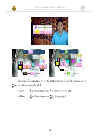 คู่มือสื่อการสอนวิชาคณิตศาสตร์ โดยความร่วมมือระหว่าง
                        สานักงานคณะกรรมการการศึกษาขั้นพื้นฐาน และ คณะวิทยาศาสตร์ จุฬาลงกรณ์มหาวิทยาลัย




           ผู้สอนควรเน้นย้ากับผู้เรียนถึงการนาข้อสรุป 4 ไปใช้งาน โดยเงื่อนไขสาคัญที่ทาให้เราสามารถสรุปว่า


 (a
n 1
       n    b n ) เป็นอนุกรมลู่ออกนั้น มีดังนี้
                                                              
           กรณีแรก             a n เป็นอนุกรมลู่เข้า และ
                              n 1
                                                               b เป็นอนุกรมลู่ออก หรือ
                                                              n 1
                                                                      n

                                                               
           กรณีที่สอง          a เป็นอนุกรมลู่ออก และ  b เป็นอนุกรมลู่เข้า
                              n 1
                                     n
                                                               n 1
                                                                      n




                                                             16
 