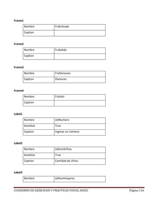 CUADERNO DE EJERCICIOS Y PRACTICAS VISUAL BASIC Página 116
Frame1
Nombre FraEntrada
Caption
Frame2
Nombre FraSalida
Caption
Frame3
Nombre FraDivisores
Caption Divisores
Frame4
Nombre FraSalir
Caption
Label1
Nombre LblNumero
AutoSize True
Caption Ingrese un número:
Label2
Nombre LblCantCifras
AutoSize True
Caption Cantidad de cifras:
Label3
Nombre LblSumImpares
 