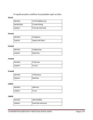 CUADERNO DE EJERCICIOS Y PRACTICAS VISUAL BASIC Página 136
En seguida proceda a establecer las propiedades según se indica:
Form1
Nombre FrmFichaMatricula
BorderStyle 3-Fixed Dialog
Caption Ficha de matrícula
Frame1
Nombre FraIngreso
Caption Ingreso de datos:
Frame2
Nombre FraOpciones
Caption Opciones:
Frame3
Nombre FraCursos
Caption Cursos:
Frame4
Nombre FraDistritos
Caption Distritos:
Label1
Nombre LblCurso
Caption Curso:
Label2
Nombre LblFechaMat
Caption Fecha de matrícula:
 