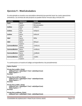 CUADERNO DE EJERCICIOS Y PRACTICAS VISUAL BASIC Página 32
Ejercicio 9 – MiniCalculadora
En este ejemplo se muestra una calculadora elemental que permite hacer las cuatro operaciones
aritmeticas. Los archivos de este proyecto se pueden llamar minicalc.vbp y minicalc.frm
CONTROL PROPIEDAD VALOR
Form Name frmMinicalc
Caption Minicalculadora
textbox Name txtOper1
Text
textbox Name txtOper2
Text
textbox Name txtResult
Text
label Name lblOp
Caption
label Name lblEqual
Caption =
CommandButton Name cmdSuma
Caption +
CommandButton Name cmdResta
Caption -
CommandButton Name cmdMulti
Caption *
CommandButton Name cmdDiv
Caption /
Y a continuacion se muestra el codigo correspondiente a los procedimientos
Option Explicit
Private Sub cmdDiv_Click()
txtResult.Text = val(txtOper1.Text) / val(txtOper2.text)
lblOp.Caption = “/”
End Sub
Private Sub cmdProd_Click()
txtResult.Text = val(txtOper1.Text) * val(txtOper2.text)
lblOp.Caption = “*”
End Sub
Private Sub cmdDiv_Click()
txtResult.Text = val(txtOper1.Text) / val(txtOper2.text)
lblOp.Caption = “/”
End Sub
Private Sub cmdResta_Click()
txtResult.Text = val(txtOper1.Text) - val(txtOper2.text)
 
