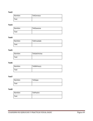 CUADERNO DE EJERCICIOS Y PRACTICAS VISUAL BASIC Página 69
Text2
Nombre TxtCerveza
Text
Text3
Nombre TxtGaseosa
Text
Text4
Nombre TxtEnsalada
Text
Text5
Nombre TxtSalchichas
Text
Text6
Nombre TxtRefresco
Text
Text7
Nombre TxtSopa
Text
Text8
Nombre TxtPostre
Text
 