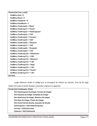 CUADERNO DE EJERCICIOS Y PRACTICAS VISUAL BASIC Página 71
Private Sub Form_Load()
GrdMenu.Cols = 2
GrdMenu.Rows = 9
GrdMenu.FixedCols = 0
GrdMenu.FixedRows = 1
GrdMenu.TextArray(0) = “Menú”
GrdMenu.TextArray(1) = “Precio”
GrdMenu.TextArray(2) = “Hamburguesa”
GrdMenu.TextArray(3) = “2.50”
GrdMenu.TextArray(4) = “Cerveza”
GrdMenu.TextArray(5) = “4.00”
GrdMenu.TextArray(6) = “Gaseosa”
GrdMenu.TextArray(7) = “3.00”
GrdMenu.TextArray(8) = “Ensalada”
GrdMenu.TextArray(9) = “1.50”
GrdMenu.TextArray(10) = “Salchichas”
GrdMenu.TextArray(11) = “2.00”
GrdMenu.TextArray(12) = “Refresco”
GrdMenu.TextArray(13) = “1.00”
GrdMenu.TextArray(14) = “Sopa”
GrdMenu.TextArray(15) = “1.50”
GrdMenu.TextArray(16) = “Postre”
GrdMenu.TextArray(17) = “1.50”
End Sub
Luego debemos añadir el código que se encargará de realizar los cálculos. Para tal fin haga
doble click sobre el botón Aceptar y proceda a ingresar lo siguiente:
Private Sub CmdAceptar_Click()
Dim Hamburguesa As Integer, Cerveza As Integer
Dim Gaseosa As Integer, Ensalada As Integer
Dim Salchichas As Integer, Refresco As Integer
Dim Sopa As Integer, Postre As Integer
Dim VentaTotal As Double, Impuesto As Double
Hamburguesa = Val(TxtHamburguesa)
Cerveza = Val(TxtCerveza)
Gaseosa = Val(TxtGaseosa)
 