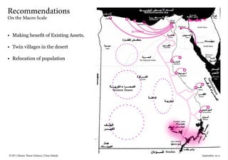 IUSD | Master Thesis Defence | Dina Mahdy 															September 2015
Recommendations
On the Macro Scale
•	 Making benefit of Existing Assets.
•	 Twin villages in the desert
•	 Relocation of population
 