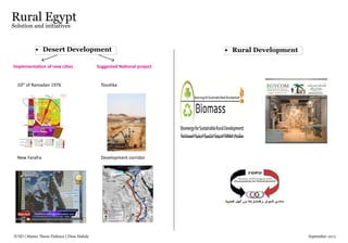 IUSD | Master Thesis Defence | Dina Mahdy 															September 2015
•	 Desert Development
Implementation of new cities
10th
of Ramadan 1976 Toushka
Development corridorNew Farafra
Suggested National project
•	 Rural Development
Rural Egypt
Solution and initiatives
 