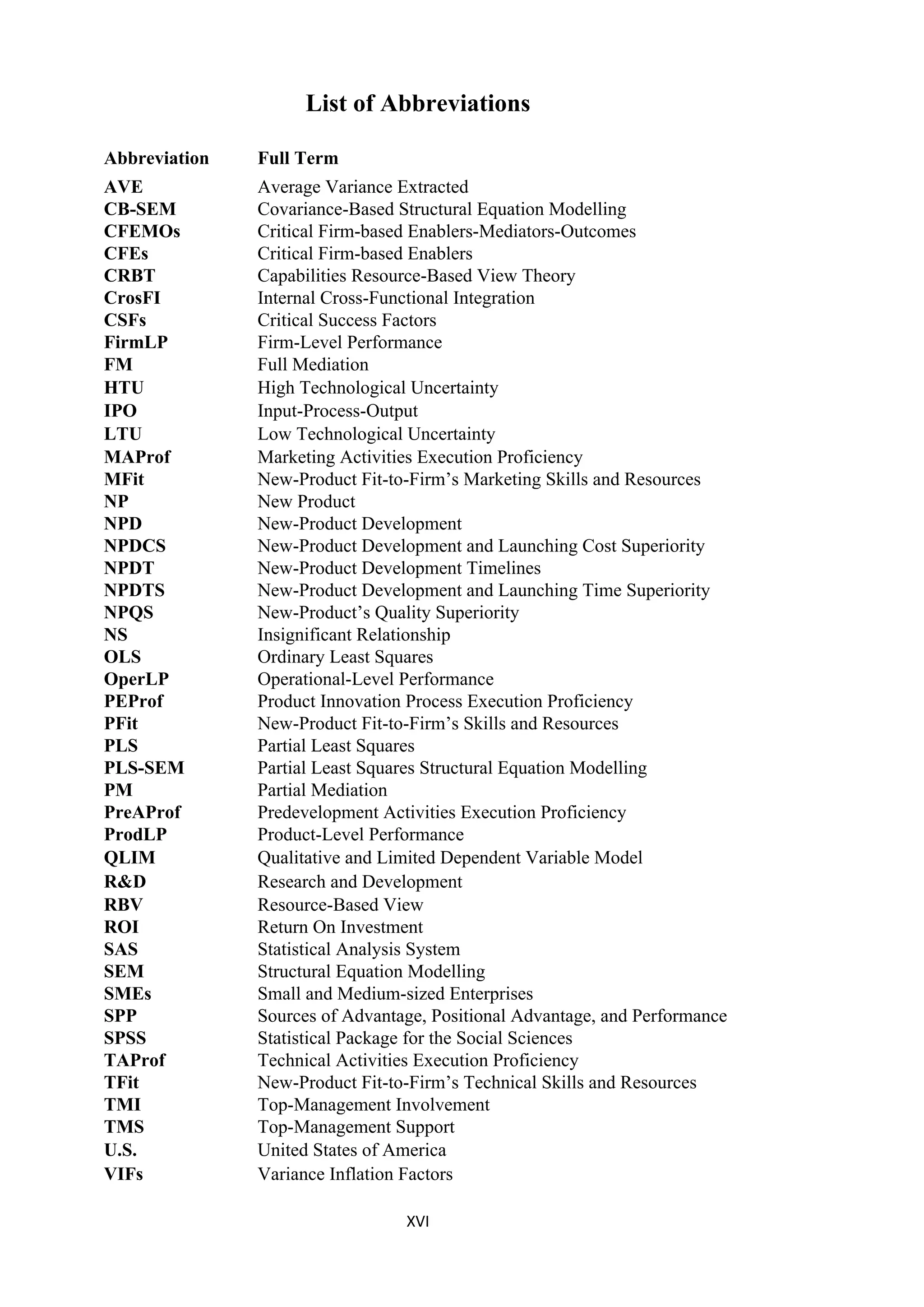 XVI
List of Abbreviations
Abbreviation Full Term
AVE Average Variance Extracted
CB-SEM Covariance-Based Structural Equation Modelling
CFEMOs Critical Firm-based Enablers-Mediators-Outcomes
CFEs Critical Firm-based Enablers
CRBT Capabilities Resource-Based View Theory
CrosFI Internal Cross-Functional Integration
CSFs Critical Success Factors
FirmLP Firm-Level Performance
FM Full Mediation
HTU High Technological Uncertainty
IPO Input-Process-Output
LTU Low Technological Uncertainty
MAProf Marketing Activities Execution Proficiency
MFit New-Product Fit-to-Firm’s Marketing Skills and Resources
NP New Product
NPD New-Product Development
NPDCS New-Product Development and Launching Cost Superiority
NPDT New-Product Development Timelines
NPDTS New-Product Development and Launching Time Superiority
NPQS New-Product’s Quality Superiority
NS Insignificant Relationship
OLS Ordinary Least Squares
OperLP Operational-Level Performance
PEProf Product Innovation Process Execution Proficiency
PFit New-Product Fit-to-Firm’s Skills and Resources
PLS Partial Least Squares
PLS-SEM Partial Least Squares Structural Equation Modelling
PM Partial Mediation
PreAProf Predevelopment Activities Execution Proficiency
ProdLP Product-Level Performance
QLIM Qualitative and Limited Dependent Variable Model
R&D Research and Development
RBV Resource-Based View
ROI Return On Investment
SAS Statistical Analysis System
SEM Structural Equation Modelling
SMEs Small and Medium-sized Enterprises
SPP Sources of Advantage, Positional Advantage, and Performance
SPSS Statistical Package for the Social Sciences
TAProf Technical Activities Execution Proficiency
TFit New-Product Fit-to-Firm’s Technical Skills and Resources
TMI Top-Management Involvement
TMS Top-Management Support
U.S. United States of America
VIFs Variance Inflation Factors
 