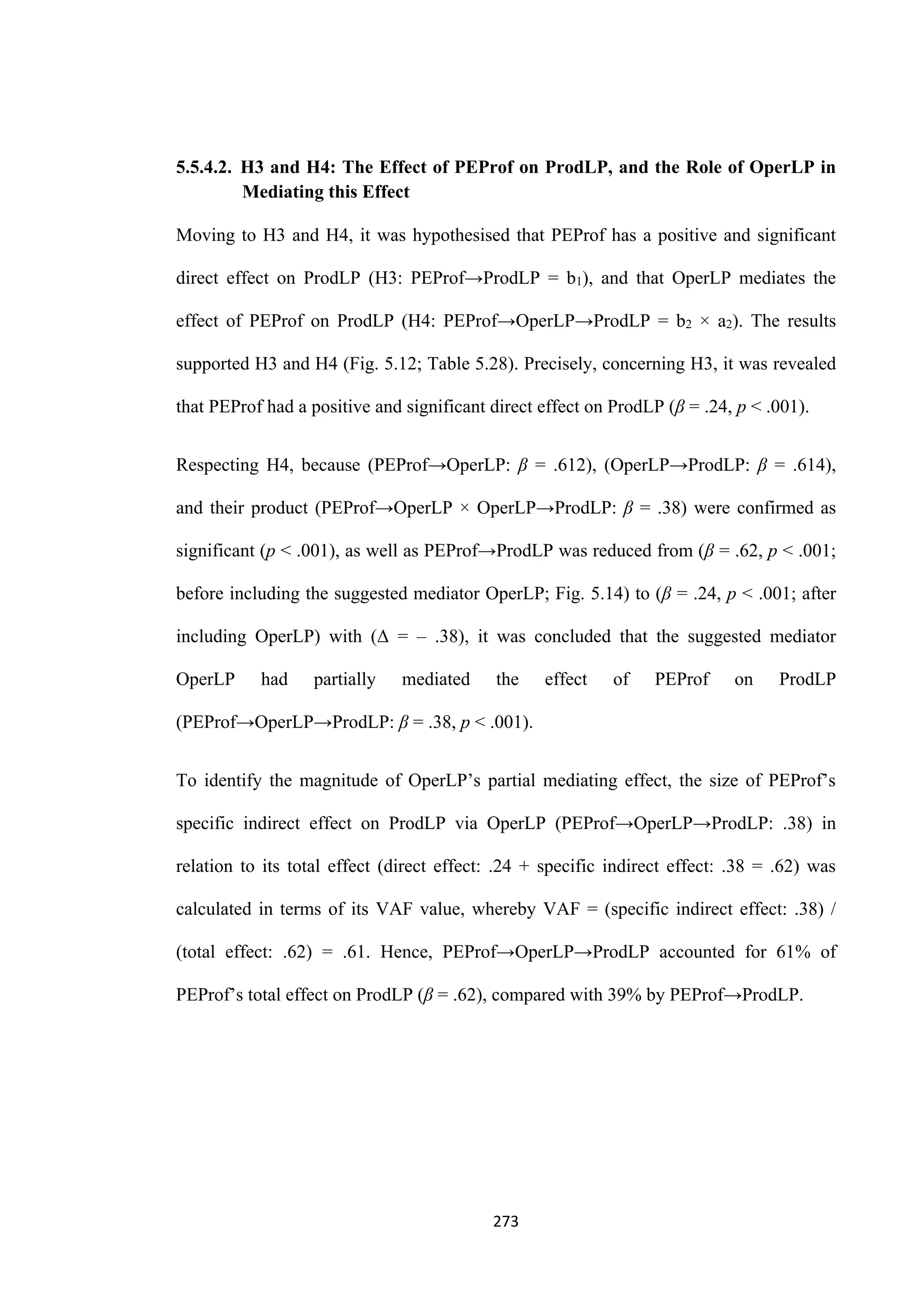 273
5.5.4.2. H3 and H4: The Effect of PEProf on ProdLP, and the Role of OperLP in
Mediating this Effect
Moving to H3 and H4, it was hypothesised that PEProf has a positive and significant
direct effect on ProdLP (H3: PEProf→ProdLP = b1), and that OperLP mediates the
effect of PEProf on ProdLP (H4: PEProf→OperLP→ProdLP = b2 × a2). The results
supported H3 and H4 (Fig. 5.12; Table 5.28). Precisely, concerning H3, it was revealed
that PEProf had a positive and significant direct effect on ProdLP (β = .24, p ˂ .001).
Respecting H4, because (PEProf→OperLP: β = .612), (OperLP→ProdLP: β = .614),
and their product (PEProf→OperLP × OperLP→ProdLP: β = .38) were confirmed as
significant (p ˂ .001), as well as PEProf→ProdLP was reduced from (β = .62, p ˂ .001;
before including the suggested mediator OperLP; Fig. 5.14) to (β = .24, p ˂ .001; after
including OperLP) with (Δ = ‒ .38), it was concluded that the suggested mediator
OperLP had partially mediated the effect of PEProf on ProdLP
(PEProf→OperLP→ProdLP: β = .38, p ˂ .001).
To identify the magnitude of OperLP’s partial mediating effect, the size of PEProf’s
specific indirect effect on ProdLP via OperLP (PEProf→OperLP→ProdLP: .38) in
relation to its total effect (direct effect: .24 + specific indirect effect: .38 = .62) was
calculated in terms of its VAF value, whereby VAF = (specific indirect effect: .38) /
(total effect: .62) = .61. Hence, PEProf→OperLP→ProdLP accounted for 61% of
PEProf’s total effect on ProdLP (β = .62), compared with 39% by PEProf→ProdLP.
 