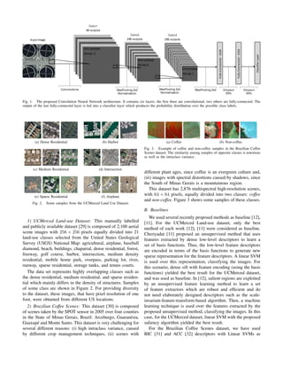 InputDimage
Conv1
96Doutputs
4x4D
StrideD3
Conv2
256Doutputs
4x4D
2
Conv3
256Doutputs
Fully-Connected-1024
Fully-Connected-1024
ClassifierLayer
Convolutions MaxPoolingD2x2
Normalization
MaxPoolingD2x2
Normalization
2x2D
1
MaxPoolingD2x2 Dropout
50%
Dropout
50%
window
window
Stride
Stride
window
Fig. 1. The proposed Convolution Neural Network architecture. It contains six layers: the ﬁrst three are convolutional, two others are fully-connected. The
output of the last fully-connected layer is fed into a classiﬁer layer which produces the probability distribution over the possible class labels.
(a) Dense Residential (b) Harbor
(c) Medium Residential (d) Intersection
(e) Sparse Residential (f) Airplane
Fig. 2. Some samples from the UCMerced Land Use Dataset.
1) UCMerced Land-use Dataset: This manually labelled
and publicly available dataset [29] is composed of 2,100 aerial
scene images with 256 × 256 pixels equally divided into 21
land-use classes selected from the United States Geological
Survey (USGS) National Map: agricultural, airplane, baseball
diamond, beach, buildings, chaparral, dense residential, forest,
freeway, golf course, harbor, intersection, medium density
residential, mobile home park, overpass, parking lot, river,
runway, sparse residential, storage tanks, and tennis courts.
The data set represents highly overlapping classes such as
the dense residential, medium residential, and sparse residen-
tial which mainly differs in the density of structures. Samples
of some class are shown in Figure 2. For providing diversity
to the dataset, these images, that have pixel resolution of one
foot, were obtained from different US locations.
2) Brazilian Coffee Scenes: This dataset [30] is composed
of scenes taken by the SPOT sensor in 2005 over four counties
in the State of Minas Gerais, Brazil: Arceburgo, Guaran´esia,
Guaxup´e and Monte Santo. This dataset is very challenging for
several different reasons: (i) high intraclass variance, caused
by different crop management techniques, (ii) scenes with
(a) Coffee (b) Non-coffee
Fig. 3. Example of coffee and non-coffee samples in the Brazilian Coffee
Scenes dataset. The similarity among samples of opposite classes is notorious
as well as the intraclass variance.
different plant ages, since coffee is an evergreen culture and,
(iii) images with spectral distortions caused by shadows, since
the South of Minas Gerais is a mountainous region.
This dataset has 2,876 multispectral high-resolution scenes,
with 64 × 64 pixels, equally divided into two classes: coffee
and non-coffee. Figure 3 shows some samples of these classes.
B. Baselines
We used several recently proposed methods as baseline [12],
[11]. For the UCMerced Land-use dataset, only the best
method of each work [12], [11] were considered as baseline.
Cheriyadat [11] proposed an unsupervised method that uses
features extracted by dense low-level descriptors to learn a
set of basis functions. Thus, the low-level feature descriptors
are encoded in terms of the basis functions to generate new
sparse representation for the feature descriptors. A linear SVM
is used over this representation, classifying the images. For
this scenario, dense sift with feature encoding (using the basis
functions) yielded the best result for the UCMerced dataset,
and was used as baseline. In [12], salient regions are exploited
by an unsupervised feature learning method to learn a set
of feature extractors which are robust and efﬁcient and do
not need elaborately designed descriptors such as the scale-
invariant-feature-transform-based algorithm. Then, a machine
learning technique is used over the features extracted by the
proposed unsupervised method, classifying the images. In this
case, for the UCMerced dataset, linear SVM with the proposed
saliency algorithm yielded the best result.
For the Brazilian Coffee Scenes dataset, we have used
BIC [31] and ACC [32] descriptors with Linear SVMs as
 