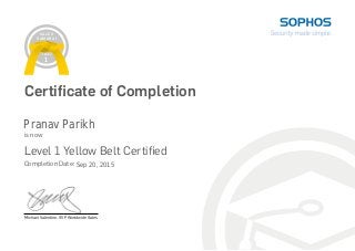 Certificate of Completion
Level 1 Yellow Belt Certified
is now
Completion Date:
LEVEL
1
SALES
SAMURAI
Michael Valentine, SVP Worldwide Sales
Sep 20, 2015
Pranav Parikh
 