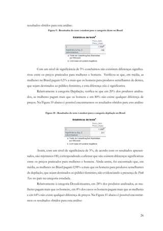 26
resultados obtidos para esta análise:
Figura 9 - Resultados do teste t-student para a categoria dente no Brasil
Com um nível de significância de 5% concluímos não existirem diferenças significa-
tivas entre os preços praticados para mulheres e homens. Verificou-se que, em média, as
mulheres no Brasil pagam 0,5% a mais que os homens para produtos semelhantes de dentes,
que sejam destinados ao público feminino, e esta diferença não é significativa.
Relativamente à categoria Depilação, verifica-se que em 20% dos produtos analisa-
dos, as mulheres pagam mais que os homens e em 80% não existe qualquer diferença de
preços. Na Figura 10 abaixo é possível encontrarmos os resultados obtidos para esta análise:
Figura 10 - Resultados do teste t-student para a categoria depilação no Brasil
Assim, com um nível de significância de 5%, de acordo com os resultados apresen-
tados, não rejeitamos H0, correspondendo a afirmar que não existem diferenças significativas
entre os preços praticados para mulheres e homens. Ainda assim, foi encontrado que, em
média, as mulheres no Brasil pagam 0,98% a mais que os homens para produtos semelhantes
de depilação, que sejam destinados ao público feminino, não evidenciando a presença de Pink
Tax no país na categoria estudada.
Relativamente à categoria Desodorizantes, em 28% dos produtos analisados, as mu-
lheres pagam mais que os homens., em 8% dos casos os homens pagam mais que as mulheres
e em 64% não existe qualquer diferença de preços. Na Figura 11 abaixo é possível encontrar-
mos os resultados obtidos para esta análise:
 