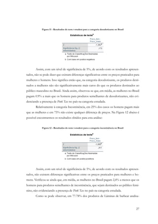 27
Figura 11 - Resultados do teste t-student para a categoria desodorizante no Brasil
Assim, com um nível de significância de 5%, de acordo com os resultados apresen-
tados, não se pode dizer que existam diferenças significativas entre os preços praticados para
mulheres e homens. Isso significa então que, na categoria desodorizante, os produtos desti-
nados a mulheres não são significativamente mais caros do que os produtos destinados ao
público masculino no Brasil. Ainda assim, observou-se que, em média, as mulheres no Brasil
pagam 0.9% a mais que os homens para produtos semelhantes de desodorizantes, não evi-
denciando a presença de Pink Tax no país na categoria estudada.
Relativamente à categoria Incontinência, em 25% dos casos os homens pagam mais
que as mulheres e em 75% não existe qualquer diferença de preços. Na Figura 12 abaixo é
possível encontrarmos os resultados obtidos para esta análise:
Figura 12 - Resultados do teste t-student para a categoria incontinência no Brasil
Assim, com um nível de significância de 5%, de acordo com os resultados apresen-
tados, não existem diferenças significativas entre os preços praticados para mulheres e ho-
mens. Verificou-se ainda que, em média, as mulheres no Brasil pagam 2,4% a menos que os
homens para produtos semelhantes de incontinência, que sejam destinados ao público femi-
nino, não evidenciando a presença de Pink Tax no país na categoria estudada.
Como se pode observar, em 77.78% dos produtos de Lâminas de barbear analisa-
 