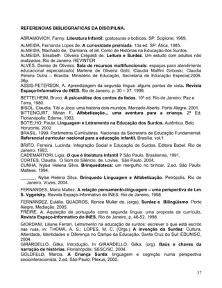 REFERENCIAS BIBLIOGRAFICAS DA DISCIPILNA.

ABRAMOVICH, Fanny. Literatura Infantil: gostosuras e bobices. SP: Scipione, 1989.
ALMEIDA, Fernanda Lopes de. A curiosidade premiada. 10a ed. SP: Ática, 1985.
ALMEIDA, Machado de, Damiana. et all. Conto de Histórias na Educação dos Surdos.
ALMEIDA. Elisabeth Oliveira Crepaldi de. Leitura e Surdez. Um estudo com adultos não
oralizados. Rio de Janeiro. REVINTER
ALVES, Denise de Oliveira. Sala de recursos multifuncionais: espaços para atendimento
educacional especializado| Marlene de Oliveira Gotti, Claudia Maffini Griboski, Claudia
Pereira Dutra – Brasília: Ministério de Educação, Secretaria de Educação Especial,2006.
36p.
ASSIS-PETERSON, A. Aprendizagem da segunda língua: alguns pontos de vista. Revista
Espaço-Informativo do INES. Rio de Janeiro, p. 30 – 37. 1998.
BETTELHEIM, Bruno. A psicanálise dos contos de fadas. 10ª ed. Rio de Janeiro: Paz e
Terra, 1980.
BISOL. Claudia. Tibi e Joca: uma história dois mundos. Mercado Aberto. Porto Alegre. 2001.
BITTENCURT, Mirian F. Alfabetização... uma aventura para a criança. 2ª Ed.
Florianópolis: Edeme, 1983.
BOTELHO. Paula. Linguagem e Letramento na Educação dos Surdos. Autêntica. Belo
Horizonte. 2002
BRASIL. 1999. Parâmetros Curriculares Nacionais da Secretaria de Educação Fundamental.
Referencial curricular nacional para a educação infantil. Brasília. vol.1.
BRITO. Ferreira. Lucinda. Integração Social e Educação de Surdos. Editora Babel. Rio de
Janeiro. 1993.
CADEMARTORI, Ligia. O que é literatura infantil ? São Paulo, Brasiliense, 1991.
CORTES, Claudia. O Som do Silêncio, de. Lovise. São Paulo. 2004.
CUNHA, Nylse Helena Silva. Brinquedoteca: um mergulho no brincar. 2.ed. São Paulo:
Maltese. 1994.
______, Nylse Helena Silva. Brinquedo Linguagem e Alfabetização. Petrópolis. Rio de
   Janeiro, Vozes, 2004.
FERNANDES, Maria Maltez. A relação pensamento-linguagem – uma perspectiva de Lev
S. Vygotsky. Revista Espaço-Informativo do INES, Rio de Janeiro, 1998.
FERNANDEZ. Eulália. QUADROS, Ronice Muller de. (orgs). Surdez e Bilingüismo. Porto
Alegre. Mediação. 2005.
FREIRE, A. Aquisição de português como segunda língua: uma proposta de currículo.
Revista Espaço-Informativo do INES. Rio de Janeiro, p. 46-52. 1998.
GIORDANI, Liliane Ferrari. Letramento na educação de surdos: escrever o que está escrito
nas ruas, in: THOMA, A. S.; LOPES, M. C. (Orgs.) A Invenção da Surdez: Cultura,
Alteridade, Identidades e Diferença no Campo da Educação. Santa Cruz do Sul: EDUNISC,
2004.
GIRARDELLO. Gilka. Introdução. In GIRARDELLO. Gilka. (org). Baús e chaves da
narração de histórias. Florianópolis: SESC/SC, 2004.
GOLDFELD, Marcia. A Criança Surda: linguagem e cognição numa perspectiva
sociointeracionista. 2.ed. São Paulo: Plexus, 2002.


                                                                                       37
 