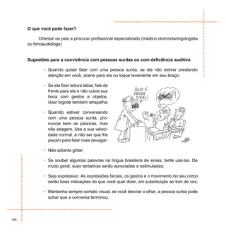 O que você pode fazer?

            Orientar os pais a procurar profissional especializado (médico otorrinolaringologista
      ou fonoaudiólogo)


      Sugestões para a convivência com pessoas surdas ou com deficiência auditiva

              • Quando quiser falar com uma pessoa surda, se ela não estiver prestando
                atenção em você, acene para ela ou toque levemente em seu braço;

              • Se ela fizer leitura labial, fale de
                frente para ela e não cubra sua
                boca com gestos e objetos.
                Usar bigode também atrapalha;

              • Quando estiver conversando
                com uma pessoa surda, pro-
                nuncie bem as palavras, mas
                não exagere. Use a sua veloci-
                dade normal, a não ser que lhe
                peçam para falar mais devagar;

              • Não adianta gritar;

              • Se souber algumas palavras na língua brasileira de sinais, tente usá-las. De
                modo geral, suas tentativas serão apreciadas e estimuladas;

              • Seja expressivo. As expressões faciais, os gestos e o movimento do seu corpo
                serão boas indicações do que você quer dizer, em substituição ao tom de voz;

              • Mantenha sempre contato visual; se você desviar o olhar, a pessoa surda pode
                achar que a conversa terminou;




104
 