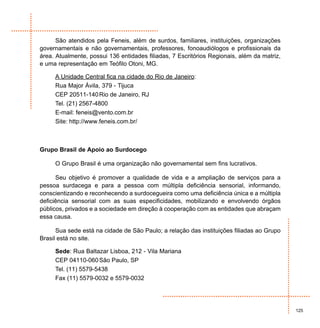 São atendidos pela Feneis, além de surdos, familiares, instituições, organizações
governamentais e não governamentais, professores, fonoaudiólogos e profissionais da
área. Atualmente, possui 136 entidades filiadas, 7 Escritórios Regionais, além da matriz,
e uma representação em Teófilo Otoni, MG.

     A Unidade Central fica na cidade do Rio de Janeiro:
     Rua Major Ávila, 379 - Tijuca
     CEP 20511-140 Rio de Janeiro, RJ
     Tel. (21) 2567-4800
     E-mail: feneis@vento.com.br
     Site: http://www.feneis.com.br/



Grupo Brasil de Apoio ao Surdocego

     O Grupo Brasil é uma organização não governamental sem fins lucrativos.

      Seu objetivo é promover a qualidade de vida e a ampliação de serviços para a
pessoa surdacega e para a pessoa com múltipla deficiência sensorial, informando,
conscientizando e reconhecendo a surdocegueira como uma deficiência única e a múltipla
deficiência sensorial com as suas especificidades, mobilizando e envolvendo órgãos
públicos, privados e a sociedade em direção à cooperação com as entidades que abraçam
essa causa.

      Sua sede está na cidade de São Paulo; a relação das instituições filiadas ao Grupo
Brasil está no site.

     Sede: Rua Baltazar Lisboa, 212 - Vila Mariana
     CEP 04110-060 São Paulo, SP
     Tel. (11) 5579-5438
     Fax (11) 5579-0032 e 5579-0032




                                                                                            125
 