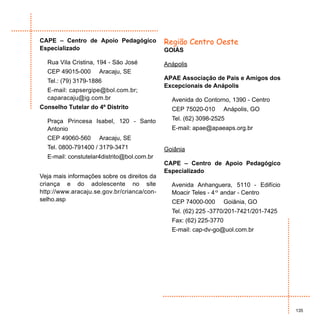 CAPE – Centro de Apoio Pedagógico            Região Centro Oeste
Especializado                                GOIÁS

  Rua Vila Cristina, 194 - São José          Anápolis
  CEP 49015-000      Aracaju, SE
  Tel.: (79) 3179-1886                       APAE Associação de Pais e Amigos dos
                                             Excepcionais de Anápolis
  E-mail: capsergipe@bol.com.br;
  caparacaju@ig.com.br                         Avenida do Contorno, 1390 - Centro
Conselho Tutelar do 4º Distrito                CEP 75020-010        Anápolis, GO
  Praça Princesa Isabel, 120 - Santo           Tel. (62) 3098-2525
  Antonio                                      E-mail: apae@apaeaps.org.br
  CEP 49060-560      Aracaju, SE
  Tel. 0800-791400 / 3179-3471               Goiânia
  E-mail: constutelar4distrito@bol.com.br
                                             CAPE – Centro de Apoio Pedagógico
                                             Especializado
Veja mais informações sobre os direitos da
criança e do adolescente no site               Avenida Anhanguera, 5110 - Edifício
http://www.aracaju.se.gov.br/crianca/con-      Moacir Teles - 4º andar - Centro
selho.asp                                      CEP 74000-000        Goiânia, GO
                                               Tel. (62) 225 -3770/201-7421/201-7425
                                               Fax: (62) 225-3770
                                               E-mail: cap-dv-go@uol.com.br




                                                                                       135
 