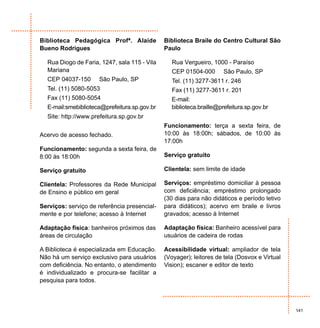 Biblioteca Pedagógica Profª. Alaíde           Biblioteca Braile do Centro Cultural São
Bueno Rodrigues                               Paulo

  Rua Diogo de Faria, 1247, sala 115 - Vila      Rua Vergueiro, 1000 - Paraíso
  Mariana                                        CEP 01504-000      São Paulo, SP
  CEP 04037-150      São Paulo, SP               Tel. (11) 3277-3611 r. 246
  Tel. (11) 5080-5053                            Fax (11) 3277-3611 r. 201
  Fax (11) 5080-5054                            E-mail:
  E-mail:smebiblioteca@prefeitura.sp.gov.br     biblioteca.braille@prefeitura.sp.gov.br
  Site: http://www.prefeitura.sp.gov.br
                                              Funcionamento: terça a sexta feira, de
Acervo de acesso fechado.                     10:00 às 18:00h; sábados, de 10:00 às
                                              17:00h
Funcionamento: segunda a sexta feira, de
8:00 às 18:00h                                Serviço gratuito

Serviço gratuito                              Clientela: sem limite de idade

Clientela: Professores da Rede Municipal      Serviços: empréstimo domiciliar à pessoa
de Ensino e público em geral                  com deficiência; empréstimo prolongado
                                              (30 dias para não didáticos e período letivo
Serviços: serviço de referência presencial-   para didáticos); acervo em braile e livros
mente e por telefone; acesso à Internet       gravados; acesso à Internet

Adaptação física: banheiros próximos das      Adaptação física: Banheiro acessível para
áreas de circulação                           usuários de cadeira de rodas

A Biblioteca é especializada em Educação.     Acessibilidade virtual: ampliador de tela
Não há um serviço exclusivo para usuários     (Voyager); leitores de tela (Dosvox e Virtual
com deficiência. No entanto, o atendimento    Vision); escaner e editor de texto
é individualizado e procura-se facilitar a
pesquisa para todos.



                                                                                              141
 