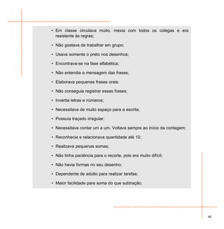 • Em classe circulava muito, mexia com todos os colegas e era
  resistente às regras;

• Não gostava de trabalhar em grupo;

• Usava somente o preto nos desenhos;

• Encontrava-se na fase alfabética;

• Não entendia a mensagem das frases;

• Elaborava pequenas frases orais;

• Não conseguia registrar essas frases;

• Invertia letras e números;

• Necessitava de muito espaço para a escrita;

• Possuía traçado irregular;

• Necessitava contar um a um. Voltava sempre ao início da contagem;

• Reconhecia e relacionava quantidade até 10;

• Realizava pequenas somas;

• Não tinha paciência para o recorte, pois era muito difícil;

• Não havia formas no seu desenho;

• Dependente de adulto para realizar tarefas;

• Maior facilidade para soma do que subtração.




                                                                      49
 