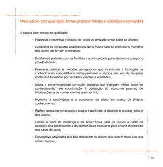 Uma escola com qualidade forma pessoas felizes e cidadãos conscientes

A escola com ensino de qualidade:

        • Favorece e incentiva a criação de laços de amizade entre todos os alunos;

        • Considera os conteúdos acadêmicos como meios para se conhecer o mundo e
          não como um fim em si mesmos;

        • Estabelece parceria com as famílias e a comunidade para elaborar e cumprir o
          projeto escolar;

        • Favorece práticas e métodos pedagógicos que incentivam a formação de
          conhecimento compartilhado entre professor e alunos, em vez de despejar
          conteúdos formados por verdades prontas e acabadas;

        • Adota a transversalidade curricular (estudos que integram vários tipos de
          conhecimento) em substituição à obrigação do consumo passivo de
          informações e de conhecimentos sem sentido;

        • Incentiva a criatividade e a autonomia do aluno em busca do próprio
          conhecimento;

        • Prefere temas de estudo relacionados à realidade, à identidade social e cultural
          dos alunos;

        • Ensina o valor da diferença e da convivência para os alunos a partir do
          exemplo dos professores e da comunidade escolar e pelo ensino ministrado
          nas salas de aula;

        • Desenvolve atividades que não destacam os alunos que sabem mais dos que
          sabem menos;




                                                                                             75
 
