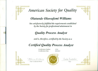 ASQ Certified Quality Process Analyst Cert.