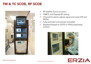 TM & TC SCOE, RF SCOE
RF Satellite Communication
TM&TC and Payload RF testing
Channel Emulation adjusts signal and noise C/N and
Eb/No
Fully automatic and remote controlled
Baseband based on COTS or FPGA proprietary
solution
 