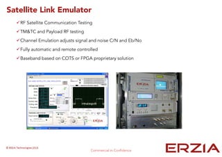 Satellite Link Emulator
RF Satellite Communication Testing
TM&TC and Payload RF testing
Channel Emulation adjusts signal and noise C/N and Eb/No
Fully automatic and remote controlled
Baseband based on COTS or FPGA proprietary solution
 