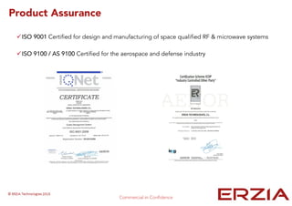 ISO 9001 Certified for design and manufacturing of space qualified RF & microwave systems
Product Assurance
ISO 9100 / AS 9100 Certified for the aerospace and defense industry
 